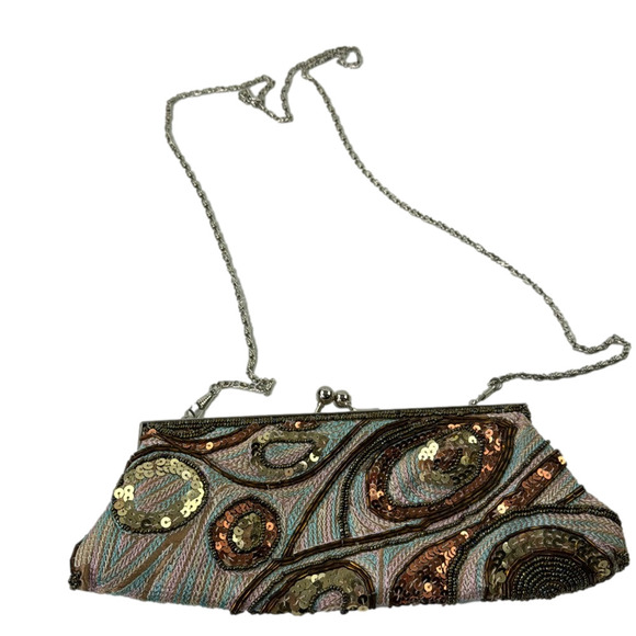 Evening Bag - Paisley Sequined Clutch Bag with Chain Crossbody Bag - Kiss Closur - Picture 1 of 9